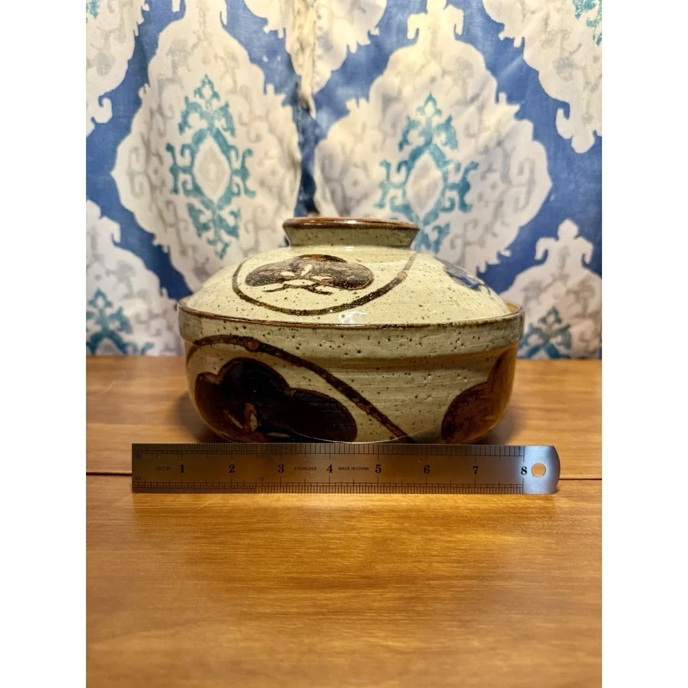 Vintage MCM Otagiri Japanese Blue and Brown Stoneware Lidded Casserole Dish‎